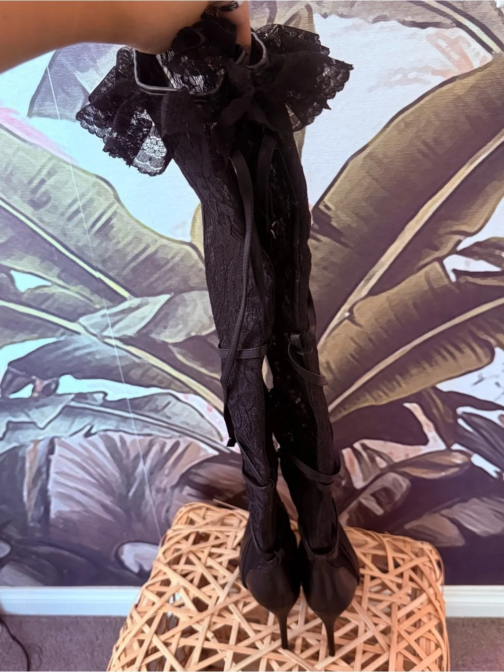 Lemonade dark romantic whimsigoth lace thigh high boots Black pointed toe - Picture 4 of 9